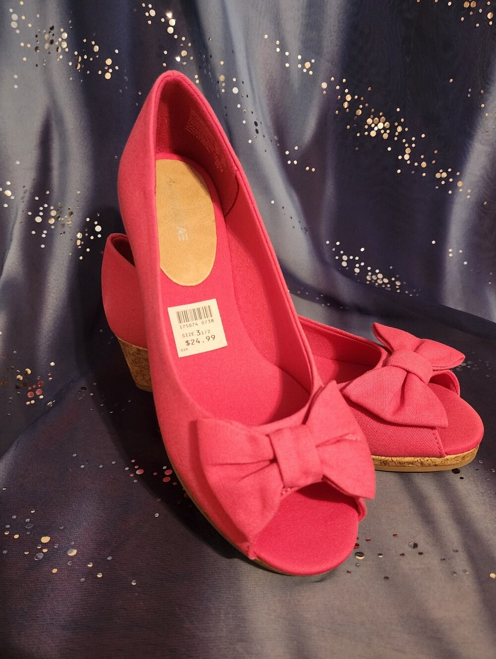 Girls Pink Bow Peep-Toe Wedge Flats size 3 1/2